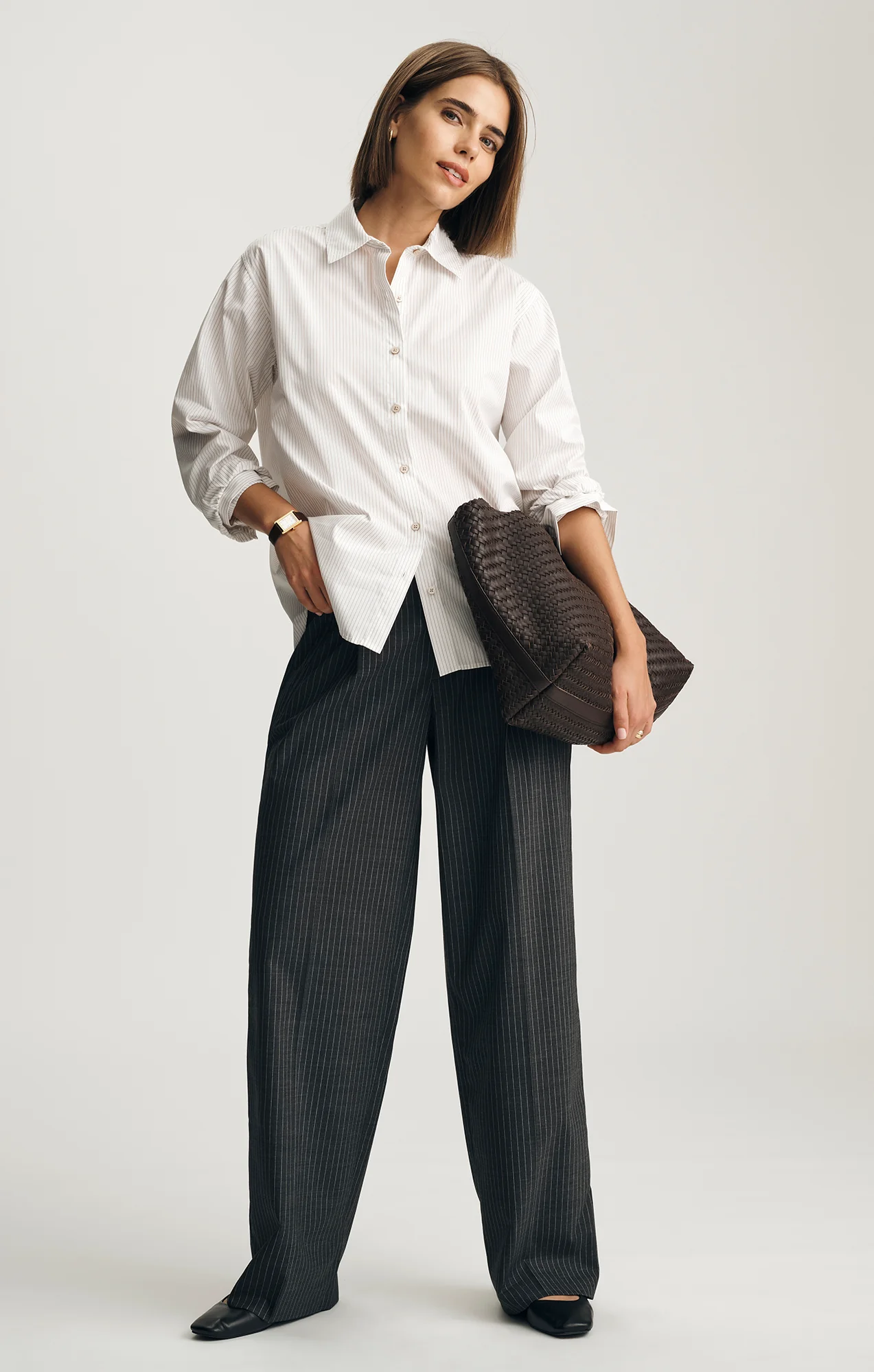 LONG SLEEVE BUTTON-UP SHIRT IN BEIGE STRIPE - Image 4