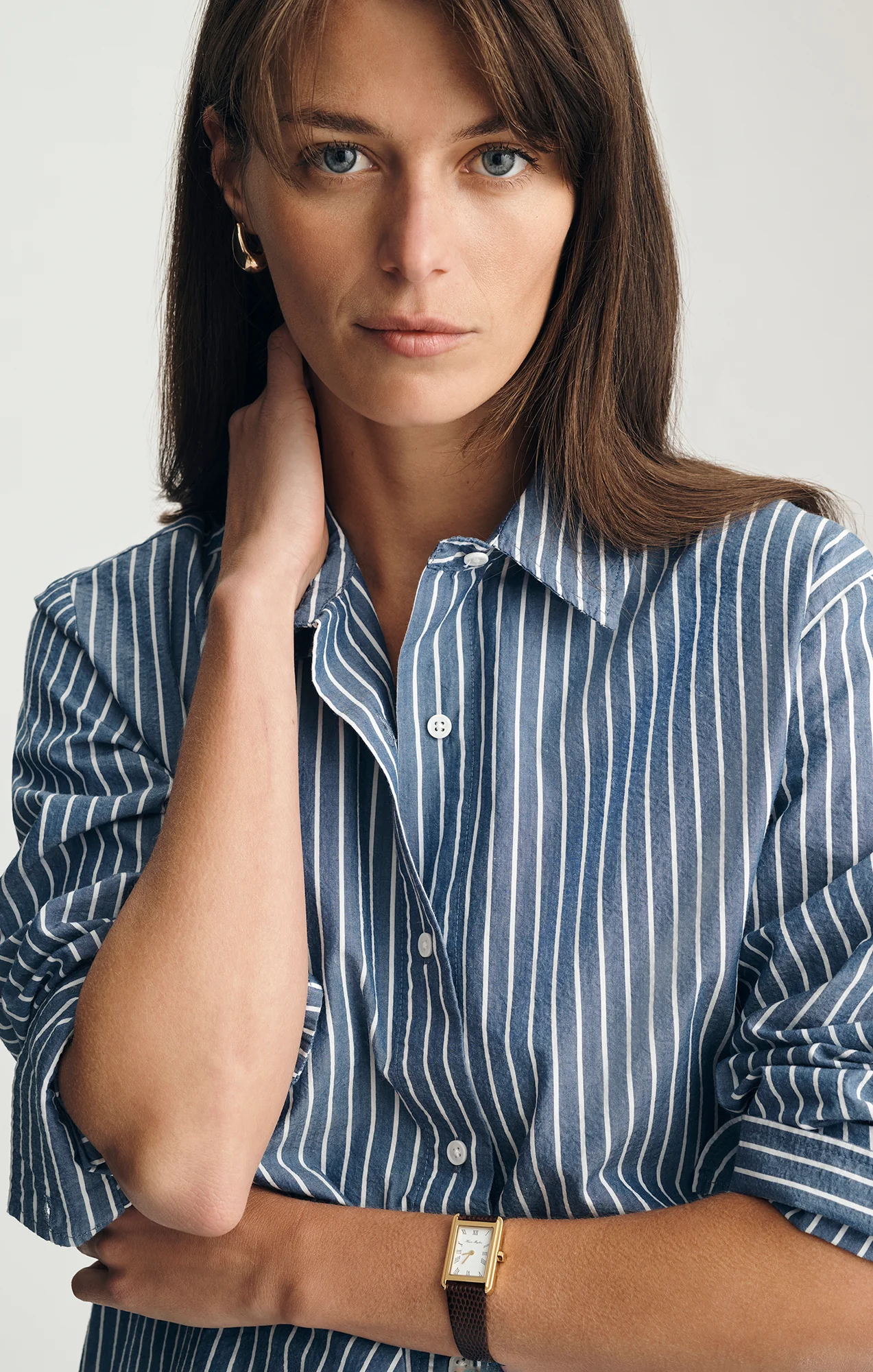 LONG SLEEVE BUTTON-UP SHIRT IN NAVY PEONY STRIPE - Image 2