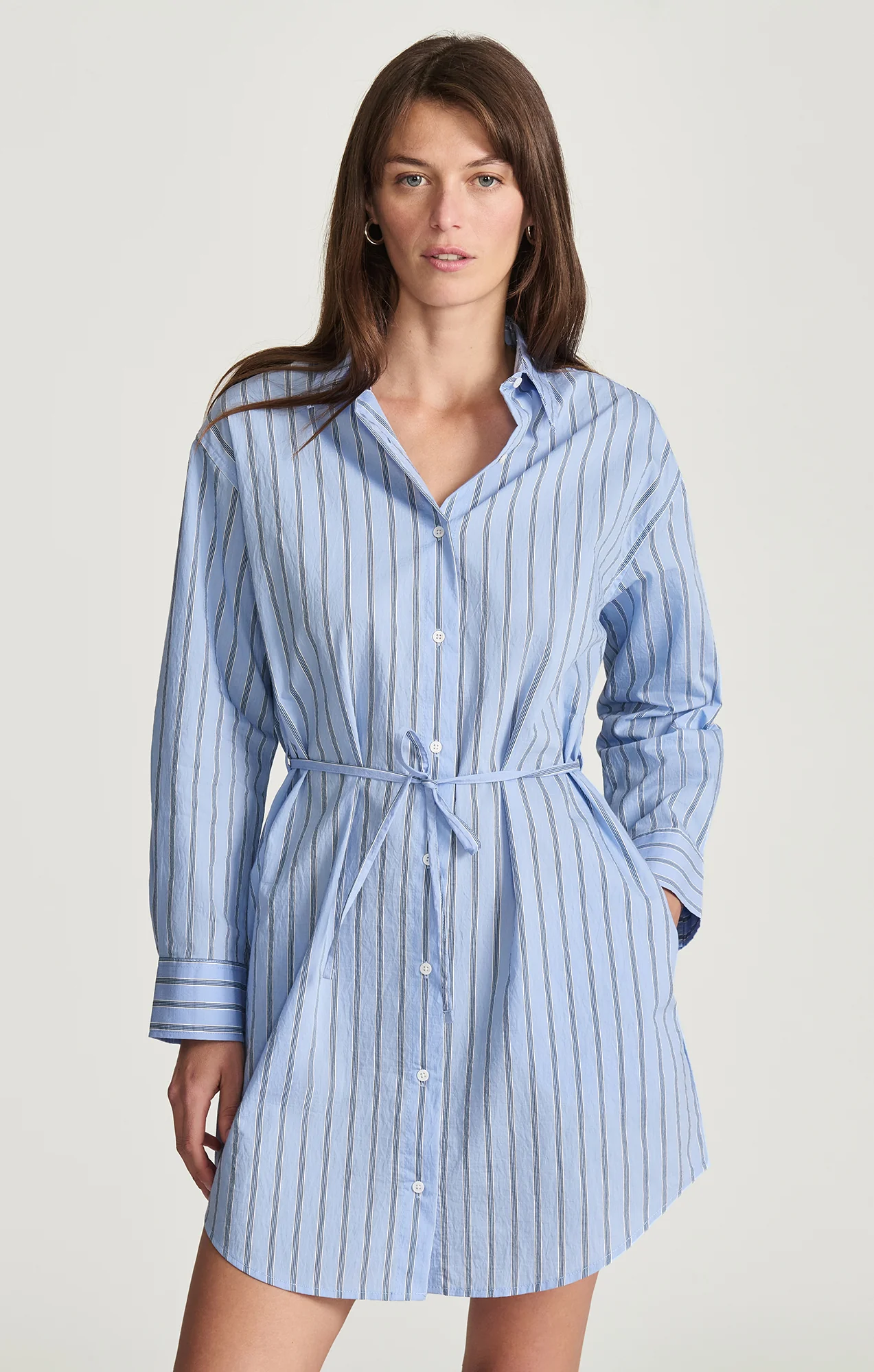 TIE-WAIST MINI SHIRTDRESS IN BLUE STRIPED