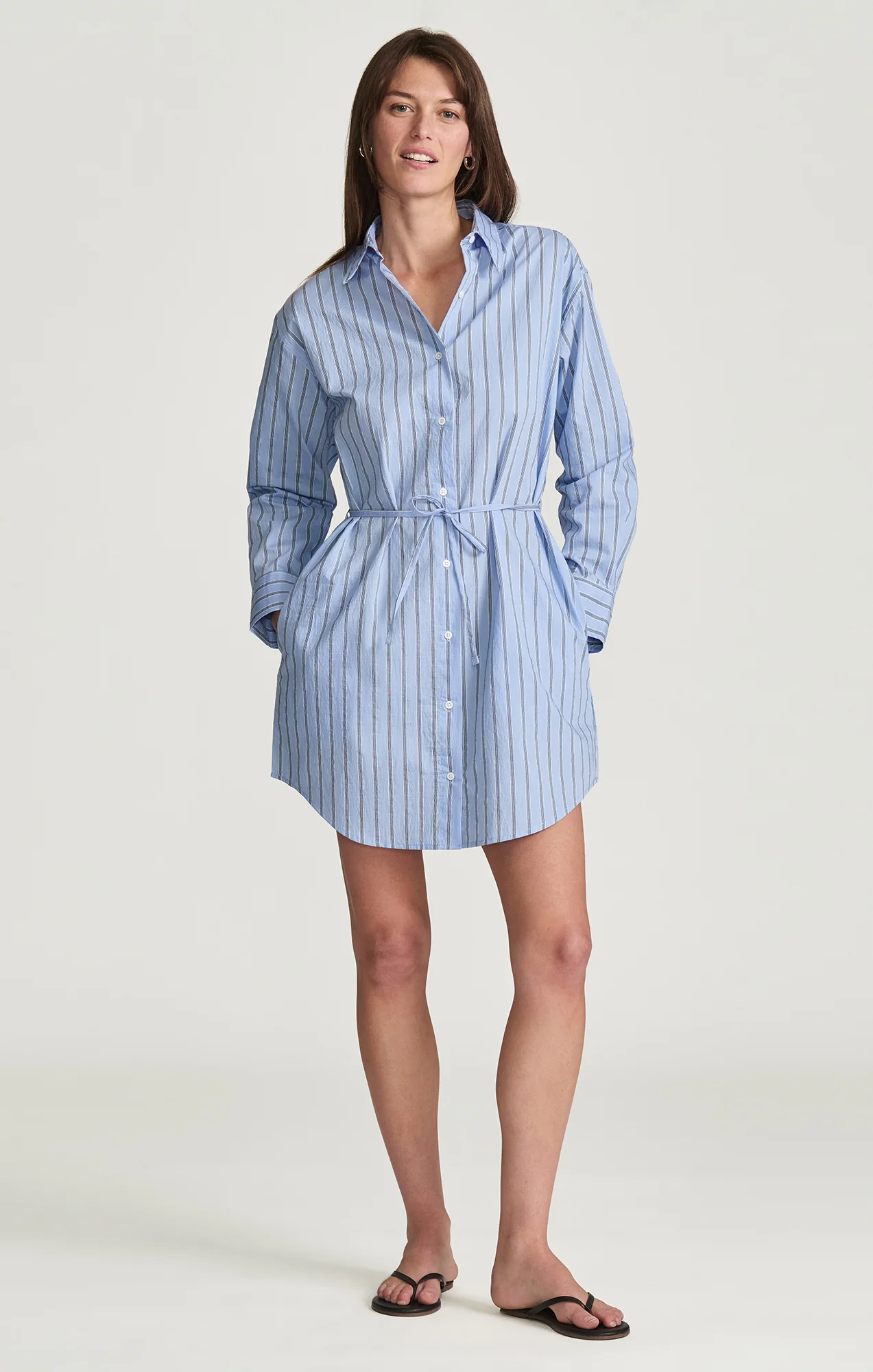 TIE-WAIST MINI SHIRTDRESS IN BLUE STRIPED - Image 2